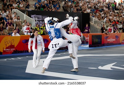 Female Taekwondo Fighter Kick During Match. World Taekwondo Championship, Rome, Italy, June 4 2022