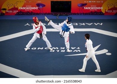 Female Taekwondo Fighter Kick During Match. World Taekwondo Championship, Rome, Italy, June 4 2022