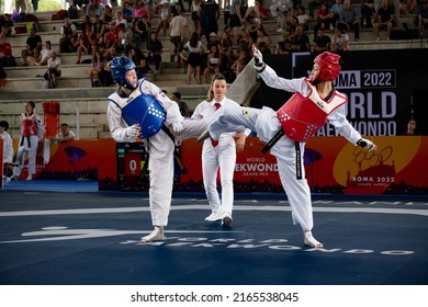 Female Taekwondo Fighter Kick During Match. World Taekwondo Championship, Rome, Italy, June 4 2022