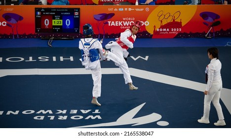 Female Taekwondo Fighter Kick During Match. World Taekwondo Championship, Rome, Italy, June 4 2022