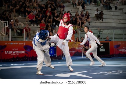 Female Taekwondo Fighter Kicking During Match. World Taekwondo Championship, Rome, Italy, June 4 2022