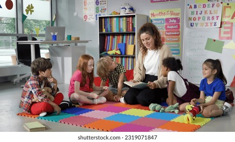 Female teacher reading story to group of elementary pupils in school classroom. Young teacher and preschool kids sit on classroom floor and read book together in kindergarten - Powered by Shutterstock