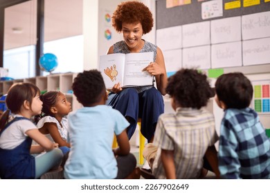 Female Teacher Reads To Multi-Cultural Elementary School Pupils Sitting On Floor In Class At School - Shutterstock ID 2267902649