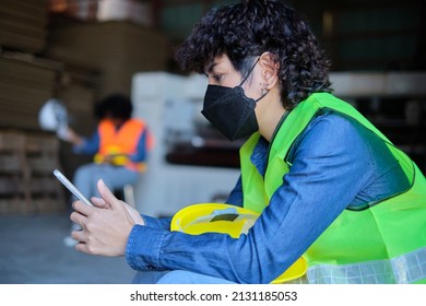 Female Technician Worker In Safety Uniform And Face Mask Resting From Work, Sit And Mobile Phone Online Chatting At An Industrial Warehouse, Cardboard Manufacture Factory, Logistic Transport Service.