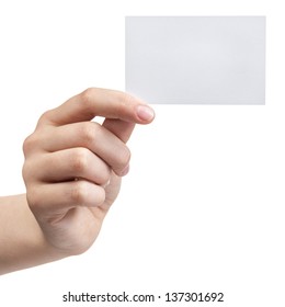 Female Teen Hand Holding Blank Visiting Card, Isolated On White