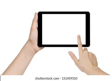 Female Teen Hand Holding Generic Tablet Pc With Blank Screen, Isolated