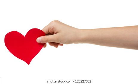Female Teen Hand Holding Paper Heart, Isolated On White