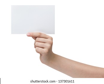 Female Teen Hand Holding Paper Sheet, Isolated On White