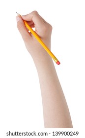 Female Teen Hand Holding Pencil With Eraser Top, Isolated On White