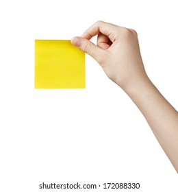 female teen hand holding sticky note, isolated on white