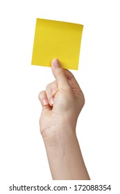 female teen hand holding sticky note, isolated on white