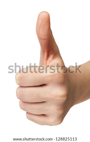 female teen hand shows thumbs up, isolated on white