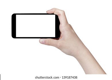 Female Teen Hand Taking Photo With Generic Smartphone, Isolated On White