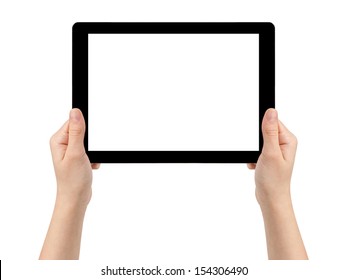 Female Teen Hands Holding Generic Tablet Pc With Blank Screen, Isolated