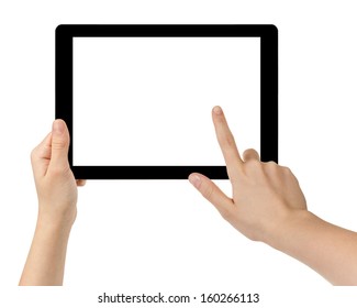 female teen hands using tablet pc with white screen, isolated