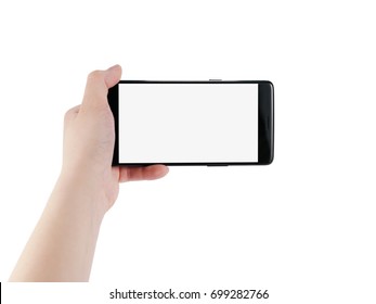 female teen left hand holding smartphone isolated on white - Shutterstock ID 699282766