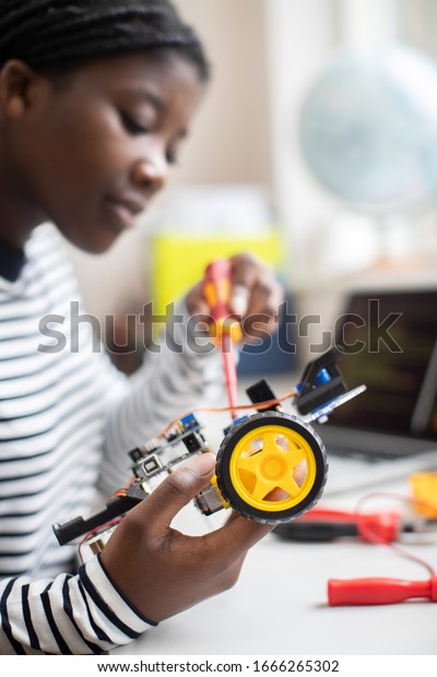 Female\
Teenage Pupil Building Robot Car In Science\
Lesson