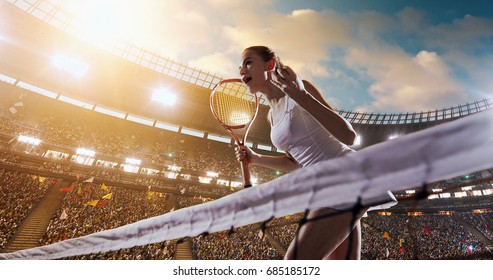 Female tennis player celebrates a win on the professional stadium full of people. She is wearing unbranded sport clothes. The stadium is made in 3D.