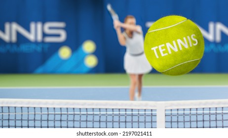 Female Tennis Player Hitting Ball With A Racquet, 3D Special Effect Ball Flying Towards The Screen With Tennis Written On It. Sports TV Woman Athlete Competing On A World Championship. VFX Photo Edit.