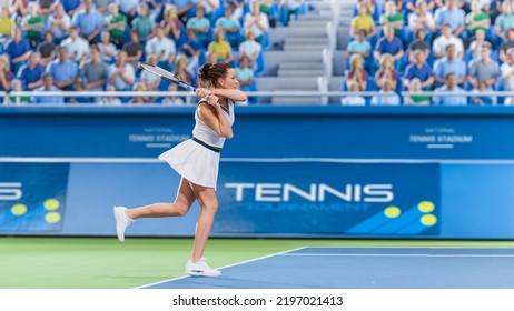 Female Tennis Player Hitting Ball with a Racquet During Championship Match. Professional Woman Athlete Striking Ball. World Sports Tournament with Audience. Side View With Crowd Cheering. - Powered by Shutterstock