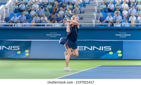 Female Tennis Player Hitting Ball With A Racquet During Championship Match. Technical Woman Athlete Striking Ball. World Sports Tournament With Audience. Side View Photo.