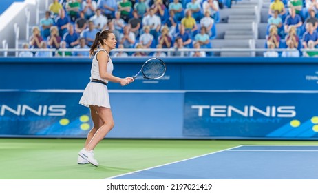 Female Tennis Player Hitting Ball with a Racquet During Championship Match. Professional Woman Athlete Striking Ball. World Sports Tournament with Audience. Side View Photo With Crowd. - Powered by Shutterstock