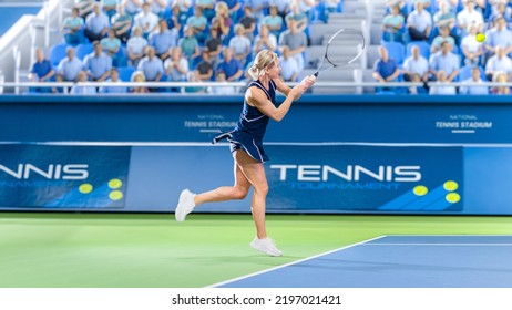 Female Tennis Player Hitting Ball with a Racquet During Championship Match. Professional Woman Athlete Striking Ball. World Sports Tournament with Audience. Side View Shot. - Powered by Shutterstock