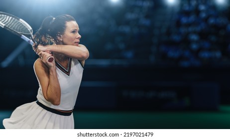 Female Tennis Player Hitting Ball With A Racquet During Championship Match. Professional Woman Athlete Striking Ball. Official World Tournament. Sportswoman Playing Final Set Of The Game.