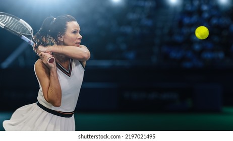 Female Tennis Player Hitting Ball With A Racquet During Championship Match. Professional Woman Athlete Striking Ball. World Sports Tournament. Talented Sportswoman Winning Final Set Of The Game.