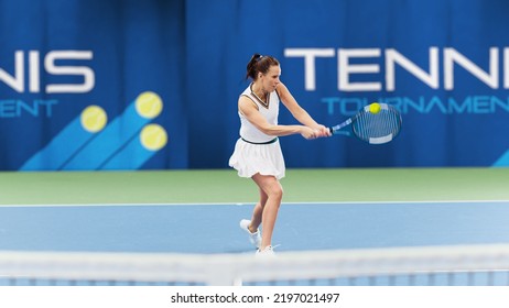 Female Tennis Player Hitting Ball With A Racquet During Championship Match. Professional Woman Athlete Receives And Lands Perfect Backhand Shot. World Sports Tournament Concept.