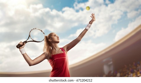 female tennis player serving