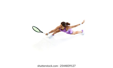 Female tennis player stretches forward in powerful reach for ball, ready to strike against white studio background. Concept of professional sport, championship, active lifestyle, tournament. Ad - Powered by Shutterstock