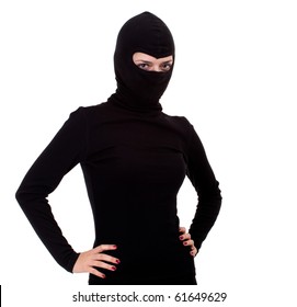 Female Thief In Black Clothes And Balaclava With Red Nails