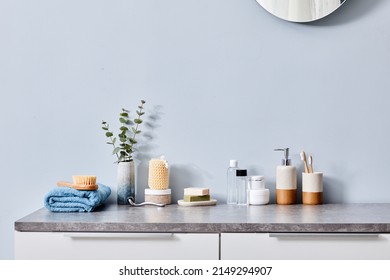 Female Toilet Table In Bathroom With Toiletries For Hygiene And Body Care