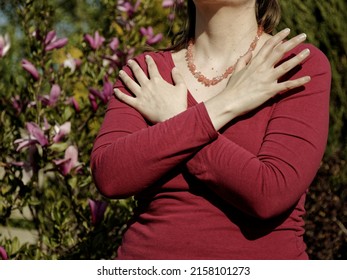 Female touching and tapping her shoulders, crossing hands. Butterfly hug. Psychology and self-care concept. - Shutterstock ID 2158101273