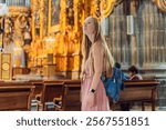 Female tourist exploring the Metropolitan Cathedral in Mexico City. Woman admiring the architecture and history of Mexico