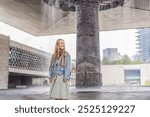 Female tourist exploring the National Museum of Anthropology in Mexico City. Cultural heritage and historical exploration concept