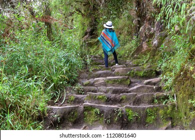 Female Tourist Hiking The Huayna Picchu Mountain, Machu Picchu, Cusco Region, Urubamba Province, Peru