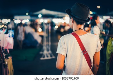 Female Tourist At Night Market, Bangkok Thailand