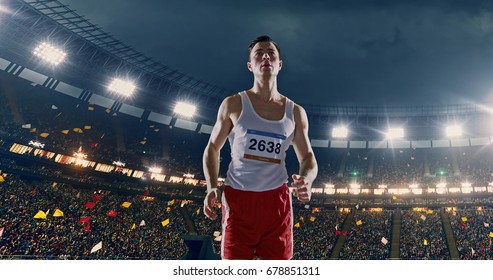 Female Track And Field Runner On The Professional Sports Arena With Bleaches Full Of People. Athlete Wears Unbranded Clothes. Arena And People On It Are Made In 3D And Animated.