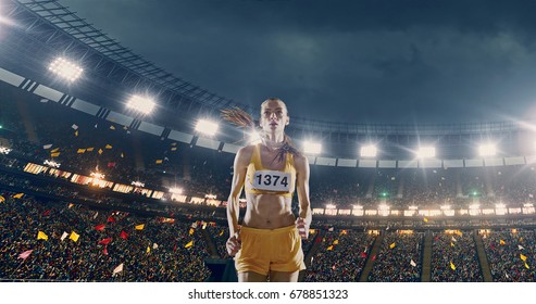 Female Track And Field Runner On The Professional Sports Arena With Bleaches Full Of People. Athlete Wears Unbranded Clothes. Arena And People On It Are Made In 3D And Animated.