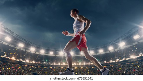 Female Track And Field Runner On The Professional Sports Arena With Bleaches Full Of People. Athlete Wears Unbranded Clothes. Arena And People On It Are Made In 3D And Animated.