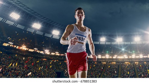 Female Track And Field Runner On The Professional Sports Arena With Bleaches Full Of People. Athlete Wears Unbranded Clothes. Arena And People On It Are Made In 3D And Animated.