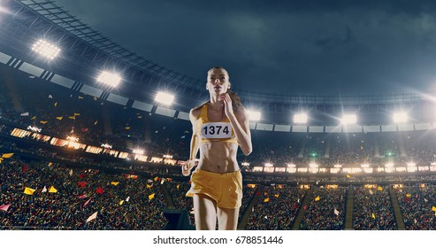 Female Track And Field Runner On The Professional Sports Arena With Bleaches Full Of People. Athlete Wears Unbranded Clothes. Arena And People On It Are Made In 3D And Animated.