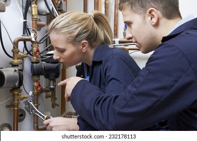 Female Trainee Plumber Working On Central Heating Boiler