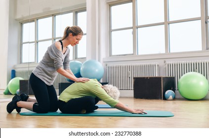 Female trainer helping senior woman to bend over. Old woman doing yoga on a exercise mat with physical therapist helping at gym.