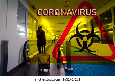 A Female Traveller With Luggage At And Airport And A Biohazard Sign To Denote The Global Spread Of The Coronavirus Across International Boundaries. 