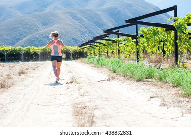 Female Triathlete Running On A Trail On A Bright Sunny Day Winelands And Vineyards Of The Western Cape Of South Africa