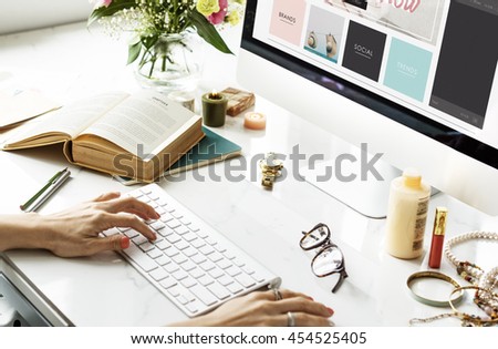 Female Typing Online Shopping Book Concept