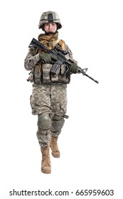 Female In US Army Soldier With Rifle. Shot In Studio. Isolated With Clipping Path On White Background